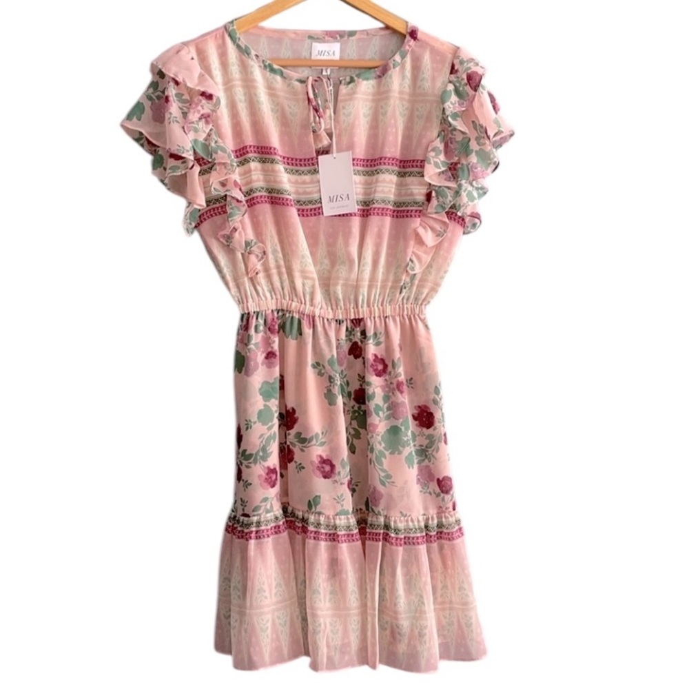 Misa Los Angeles pink green mixed pattern ruffle shirt sleeve mini dress